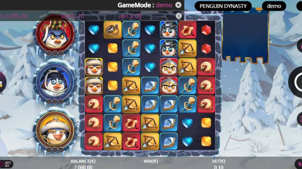 Interface do jogo de slot Penguin Dynasty com pinguins imperiais