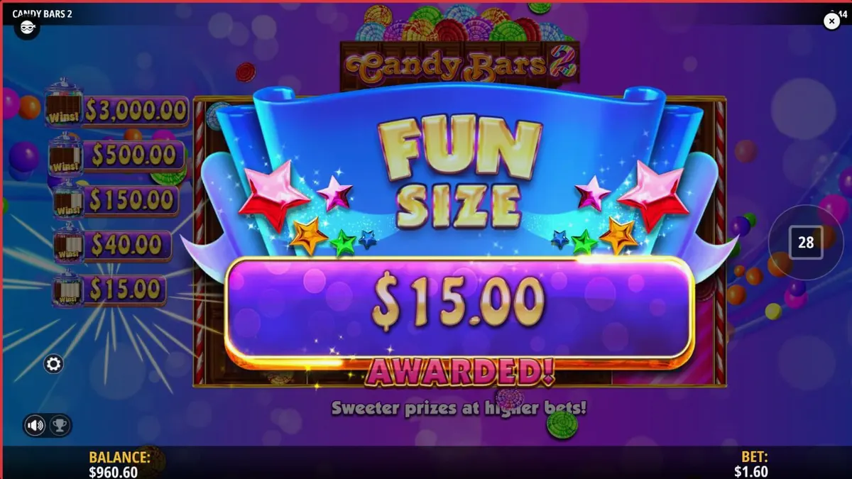 Interface colorida e temática de doces do slot Candy Bars 2 da IGT